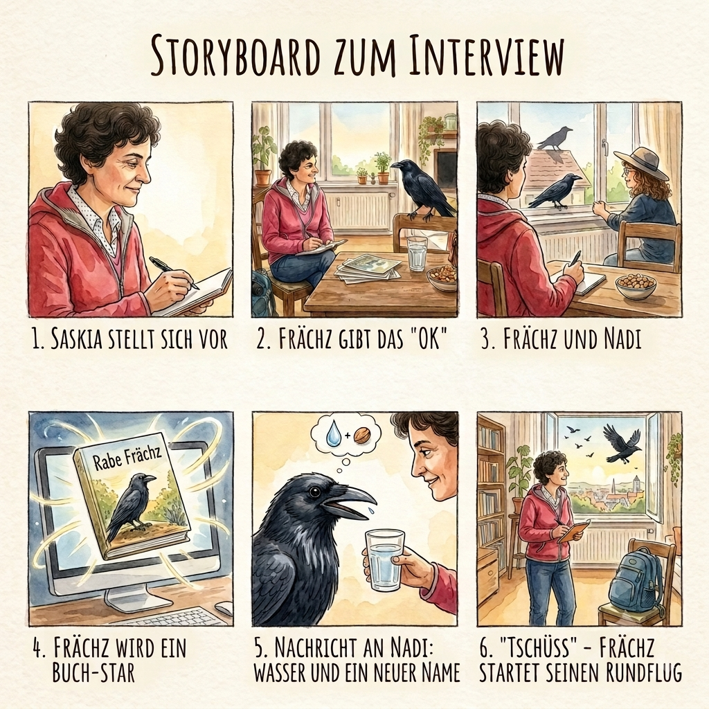 Storyboard zum Interview: sechs Aquarell-Szenen von Saskia und Frächz