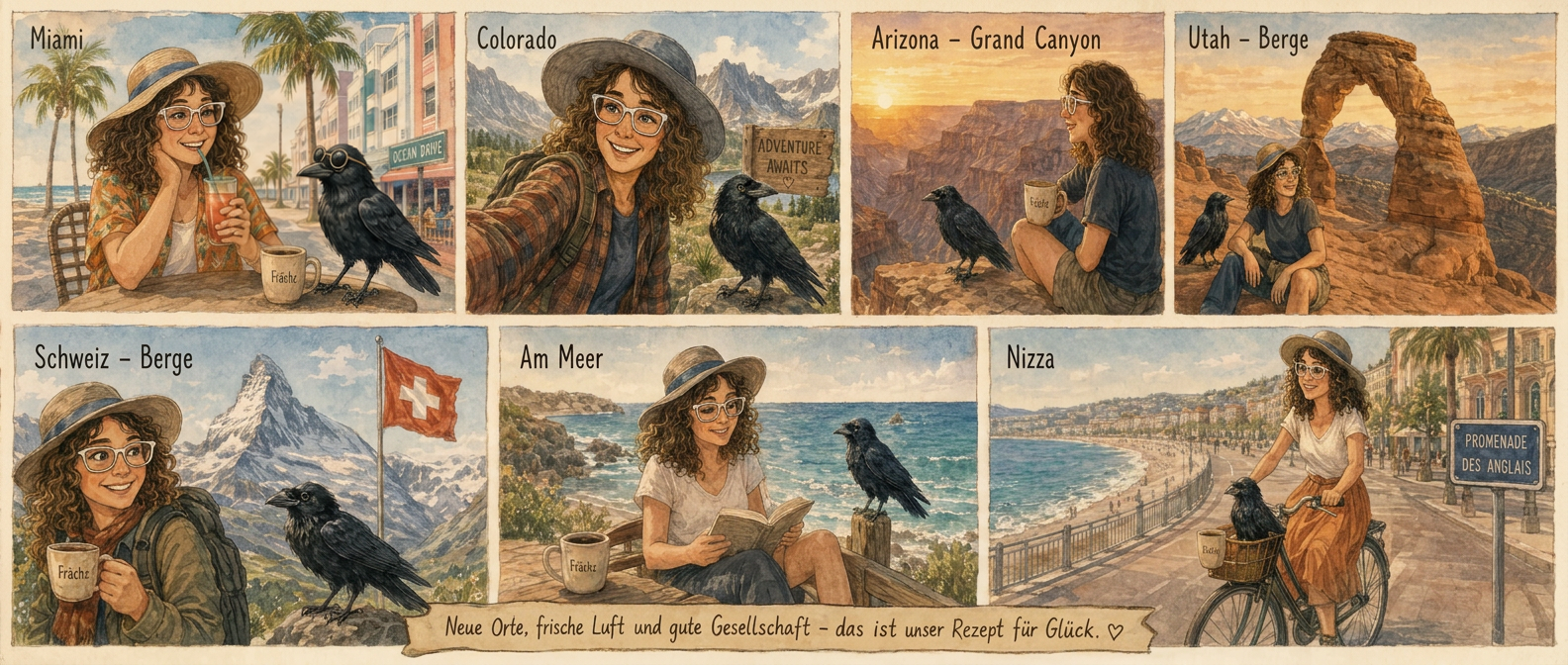 Aquarell-Collage: Nadi und der Rabe Frächz auf Urlaub in Miami, Colorado, Arizona, Utah, der Schweiz, am Meer und in Nizza